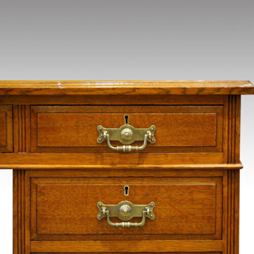 Edwardian large oak pedestal desk drawer detail