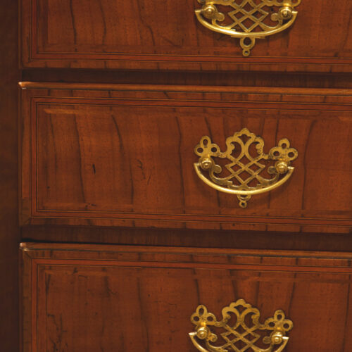 George III inlaid walnut bureau, handles