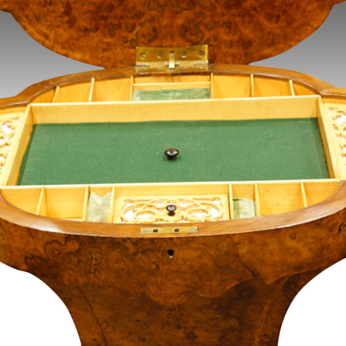 Victorian inlaid walnut shaped work-table interior
