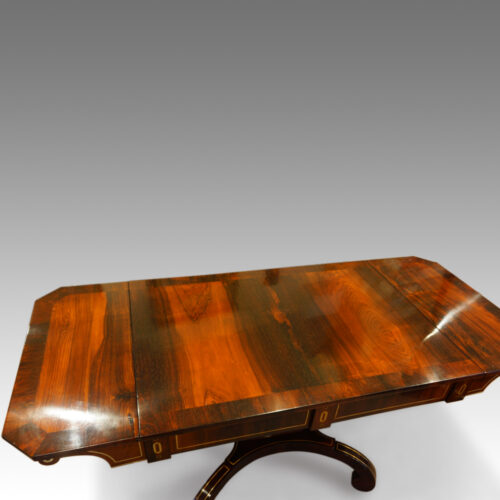 Regency brass inlaid sofa table on scroll feet,2
