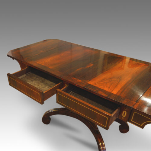 Regency brass inlaid sofa table on scroll feet,3