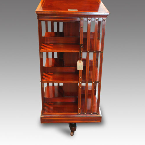 Edwardian inlaid mahogany 3 tier revolving bookcase side view