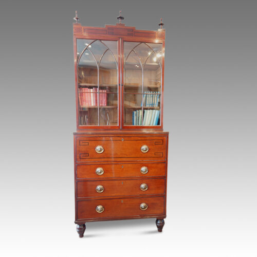 Regency inlaid mahogany secretaire bookcase front