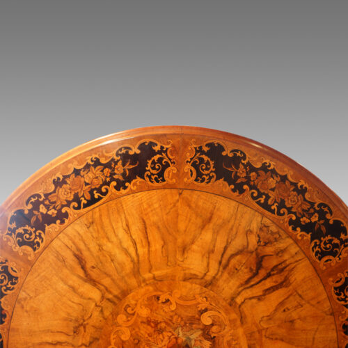 Victorian circular marquetry walnut table detail
