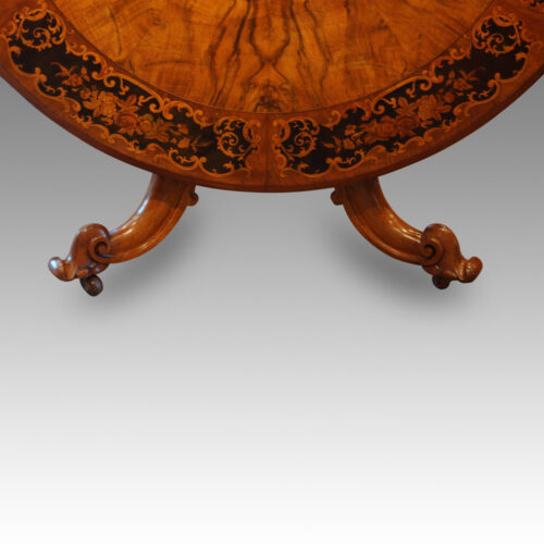 Victorian circular marquetry walnut table base view