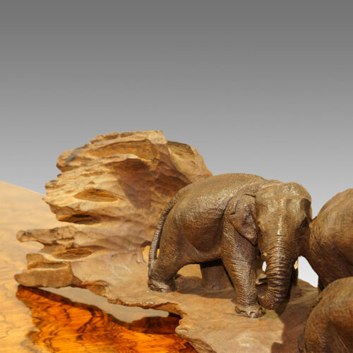 Japanese wood carving, group of elephants