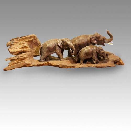 Japanese wood carving, group of elephants