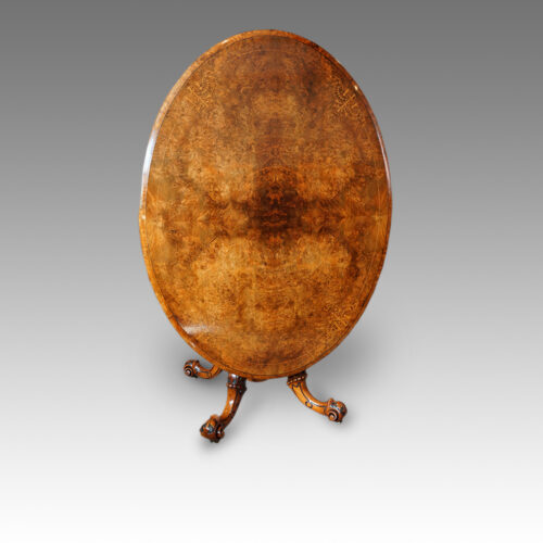 Victorian inlaid walnut oval dining table top up