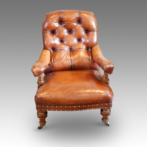 Walnut Victorian leather button back chair