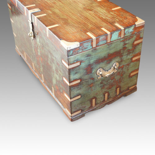 Antique Victorian teak brass bound military chest with some original paint end view