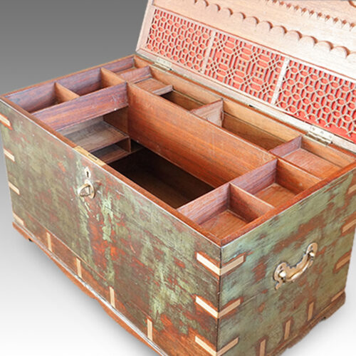 Antique Victorian teak brass bound military chest with some original paint fitted interior