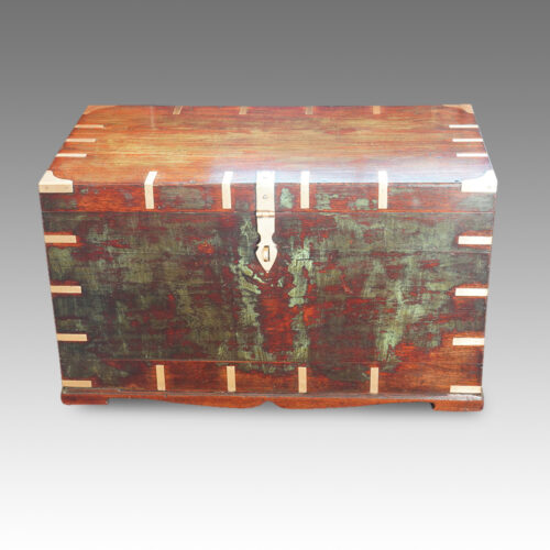 Antique Victorian teak brass bound military chest with some original paint
