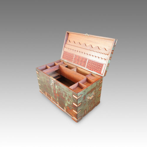 Antique Victorian teak brass bound military chest with some original paint interior