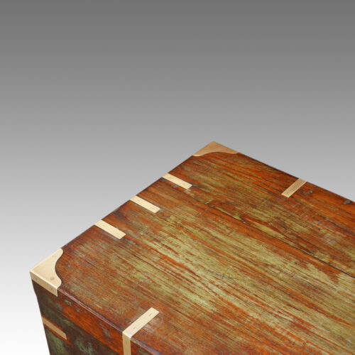 Antique Victorian teak brass bound military chest with some original paint top detail