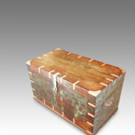 Antique Victorian teak brass bound military chest with some original paint detail