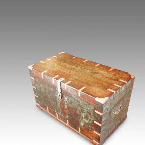 Antique Victorian teak brass bound military chest with some original paint detail
