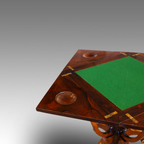 Late Victorian inlaid rosewood envelope card table counter cups