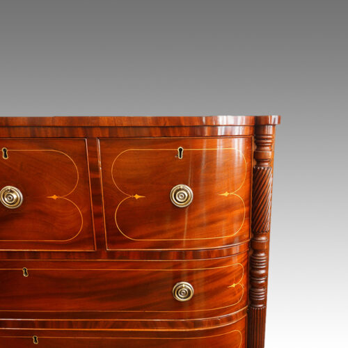 Regency inlaid mahogany D shape chest of drawers detail front