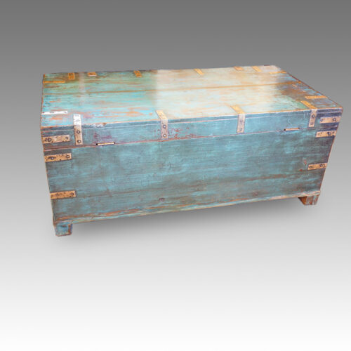 Victorian brass bound campaign trunk in original blue paint rear