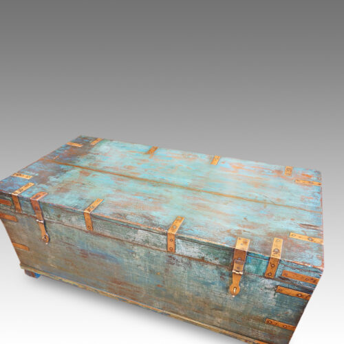 Victorian brass bound campaign trunk in original blue paint top