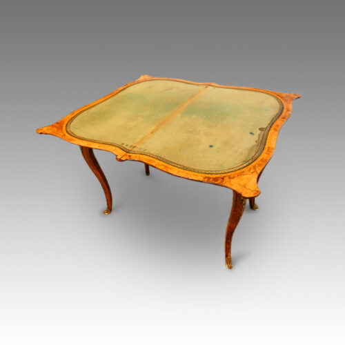 Victorian serpentine inlaid walnut card table open