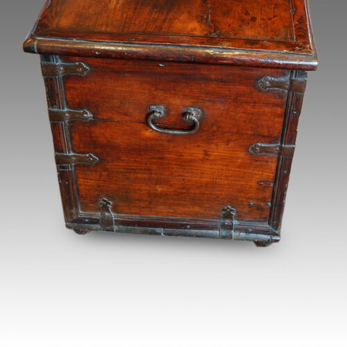 Antique Colonial hardwood iron bound mule chest end view