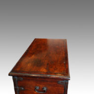 Antique Colonial hardwood iron bound mule chest top from side