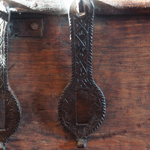 Antique Colonial valuables chest, detail hasps