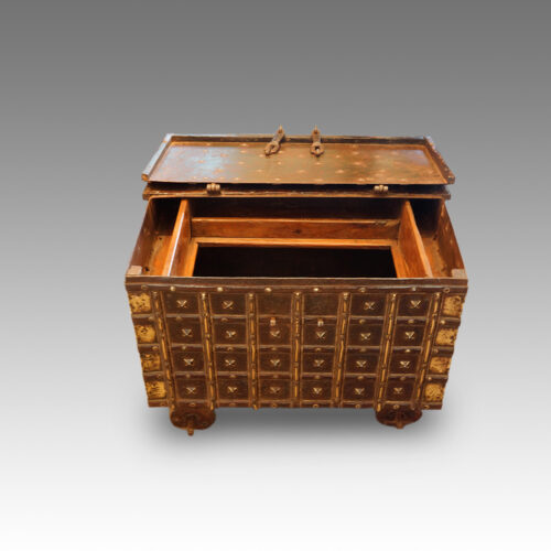 Small Indian iron bound marriage chest interior