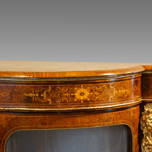 Victorian inlaid burr walnut credenza end detail