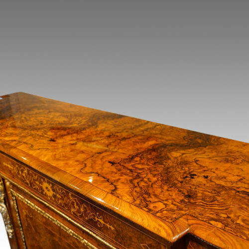 Victorian inlaid burr walnut credenza top long view