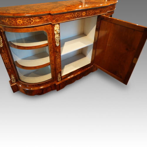Victorian inlaid burr walnut credenza interior