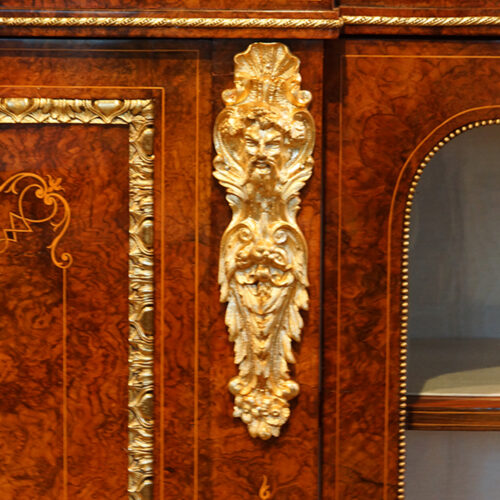 Victorian inlaid burr walnut credenza cast mount