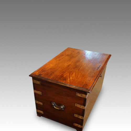 Victorian teak brass bound military trunk end view