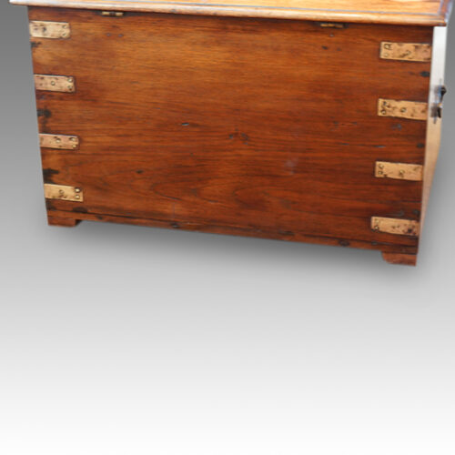 Victorian teak brass bound military trunk front panel