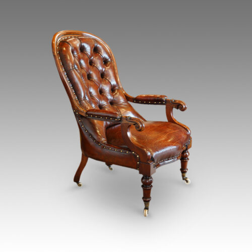 Victorian turned leg leather reading chair side