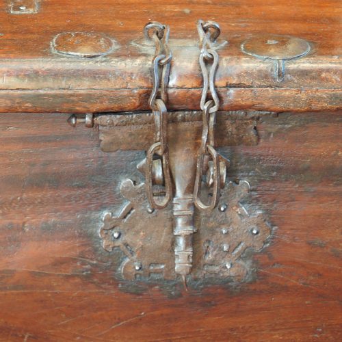 Antique Colonial trunk with iron lock plate detail
