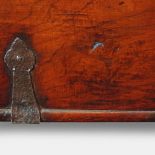 Antique hardwood Colonial chest front detail