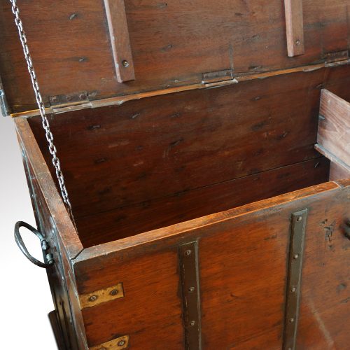 Antique teak trunk with iron straps and brass corners lid up