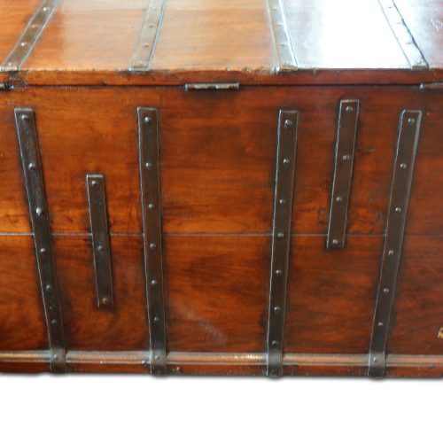 Antique teak trunk with iron straps and brass corners rear