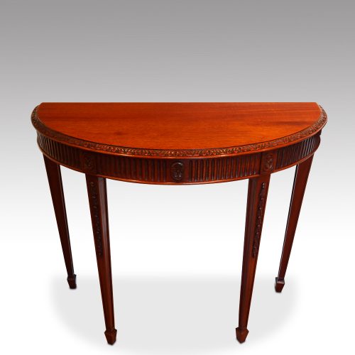 Edwardian pair of mahogany demi lune console tables detail