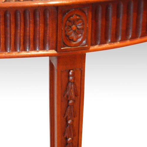 Edwardian pair of mahogany demi lune console tables detail leg