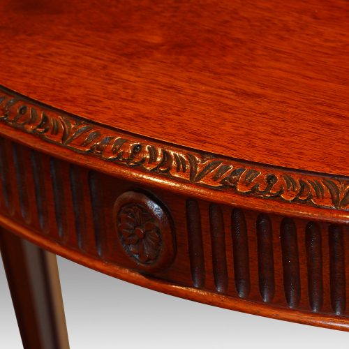 Edwardian pair of mahogany demi lune console tables edge