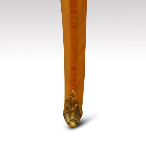 Pair of French walnut inlaid marble top bedside cabinet leg