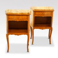 Pair of French walnut inlaid marble top bedside cabinets