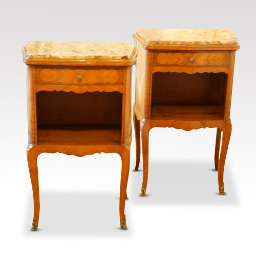 Pair of French walnut inlaid marble top bedside cabinets