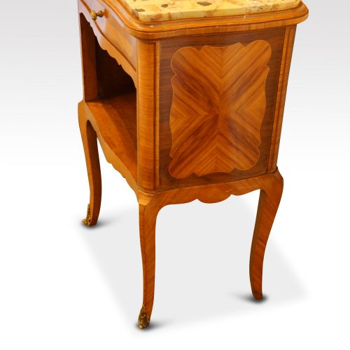Pair of French walnut inlaid marble top bedside cabinets angle view