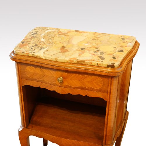 Pair of French walnut inlaid marble top bedside cabinets detail