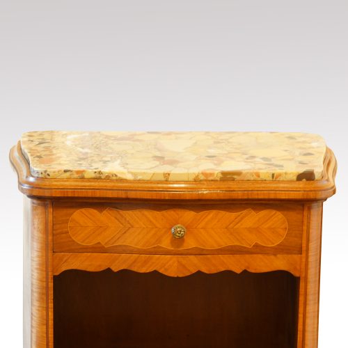 Pair of French walnut inlaid marble top bedside cabinets drawer
