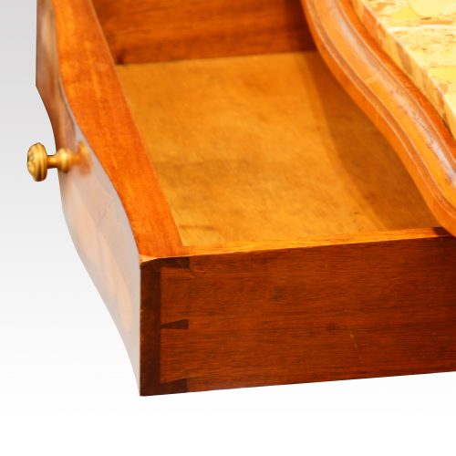 Pair of French walnut inlaid marble top bedside cabinets drawer detail